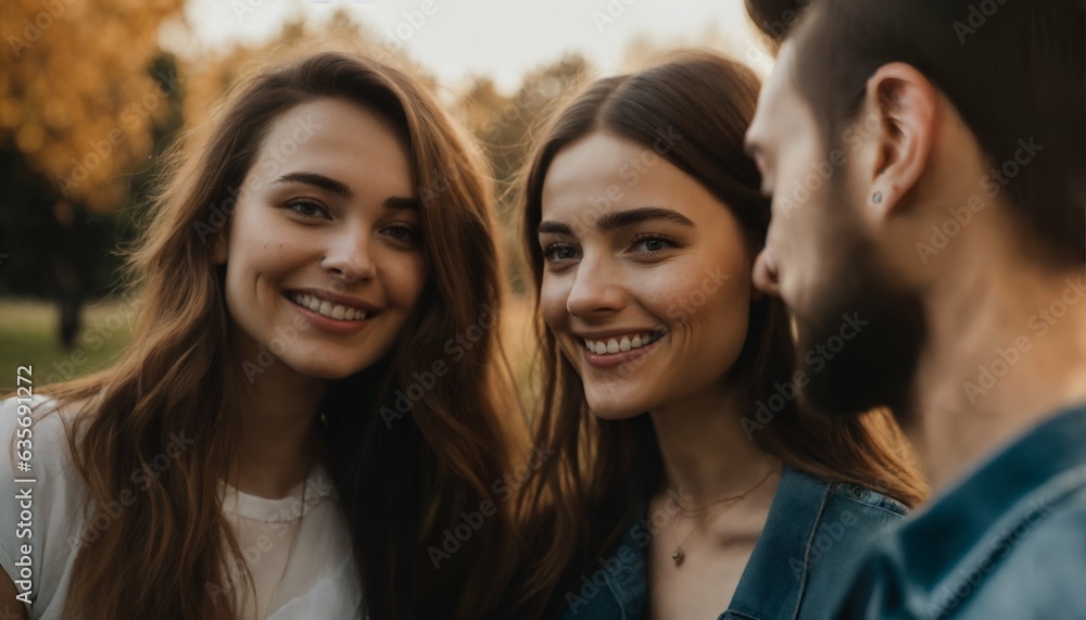 Smiling young woman in polyamorous relationship ENM concept Smiling young woman in polyamorous relationship ENM concept