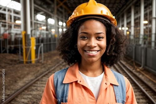 Female industry maintenance engineer in uniform and safety hard hat at factory station, construction and industry © ibreakstock