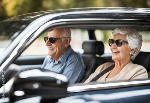 Elderly couple in sunglasses enjoying a drive in their car, road trip concept © ibreakstock