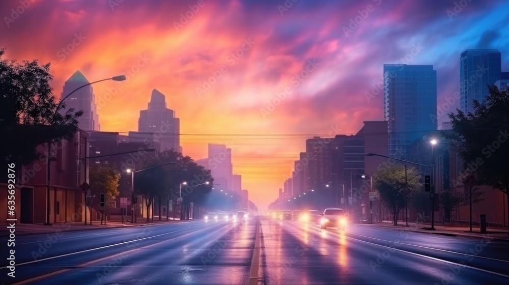 A dramatic foggy or misty road with colorful light from traffic cars through city in the morning sunrise.	
