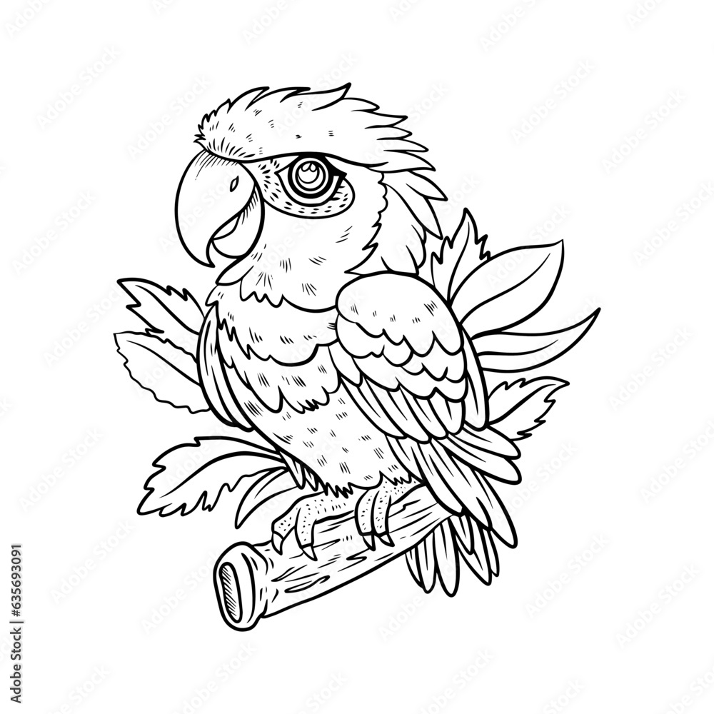 Fototapeta premium Coloring mascot with parrot character, cartoon illustration