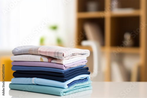 close-up of washed and ironed clothes on the table in the room. housework. 