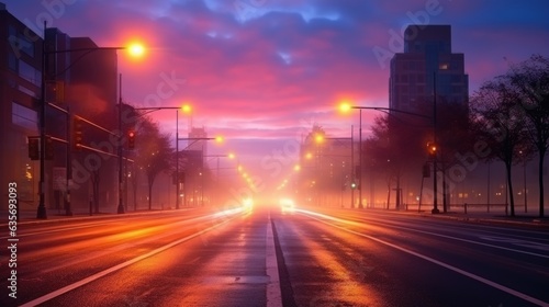 A dramatic foggy or misty road with colorful light from traffic cars through city in the morning sunrise.   © ANEK