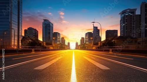 A dramatic foggy or misty road with colorful light from traffic cars through city in the morning sunrise. 