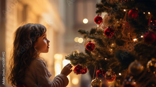 A little girl in a white dress decorates a large Christmas tree with crystal balls. Christmas picture © Margo_Alexa