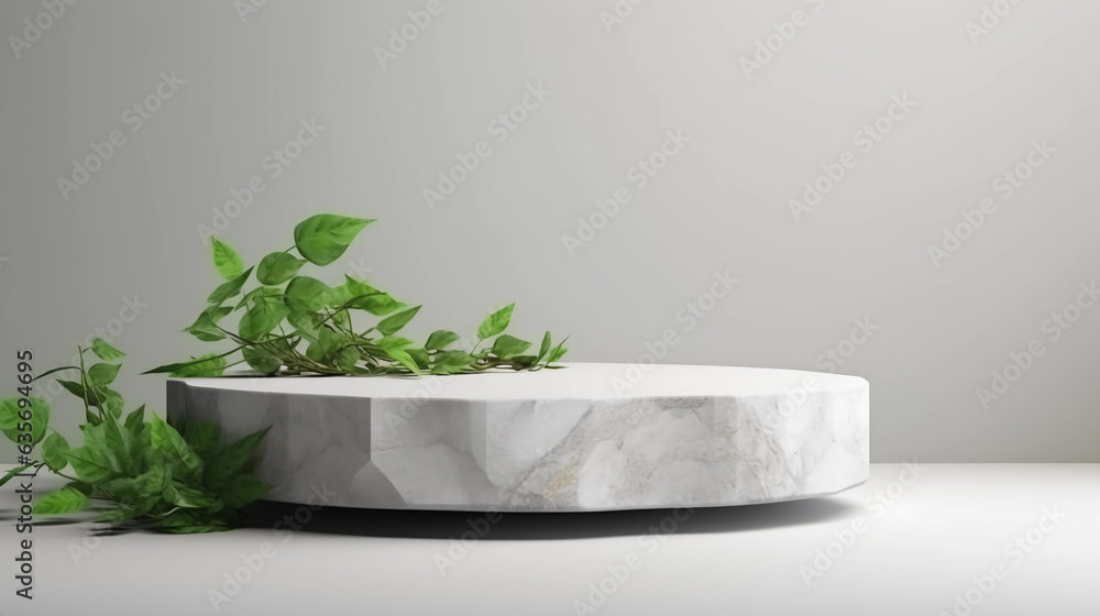 3d render of white marble podium with green leaves on gray background.