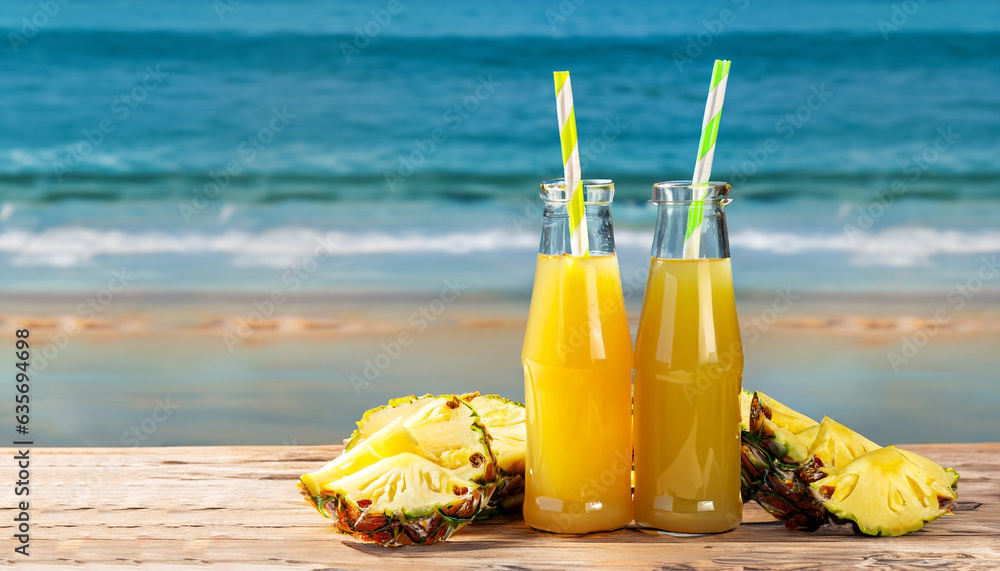 Bottles of pineapple juice with sliced pineapple fruit on wooden table with abstract blue sea background , summer fruit drink concept