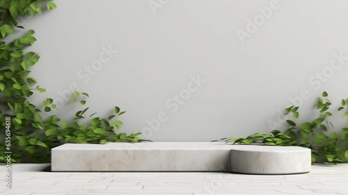 3d rendering of white marble podium with green plant on the wall.