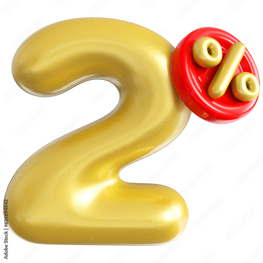 2 percent off gold 3d number render 2 percent off gold 3d number render