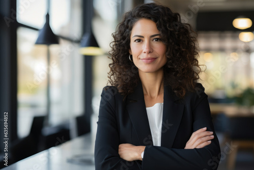 Empowered and Innovative Businesswoman: A Determined Leader with Curly Black Hair, Wearing a Black Blazer and Crossed Arms, Inspiring Creativity in a Modern Workspace
