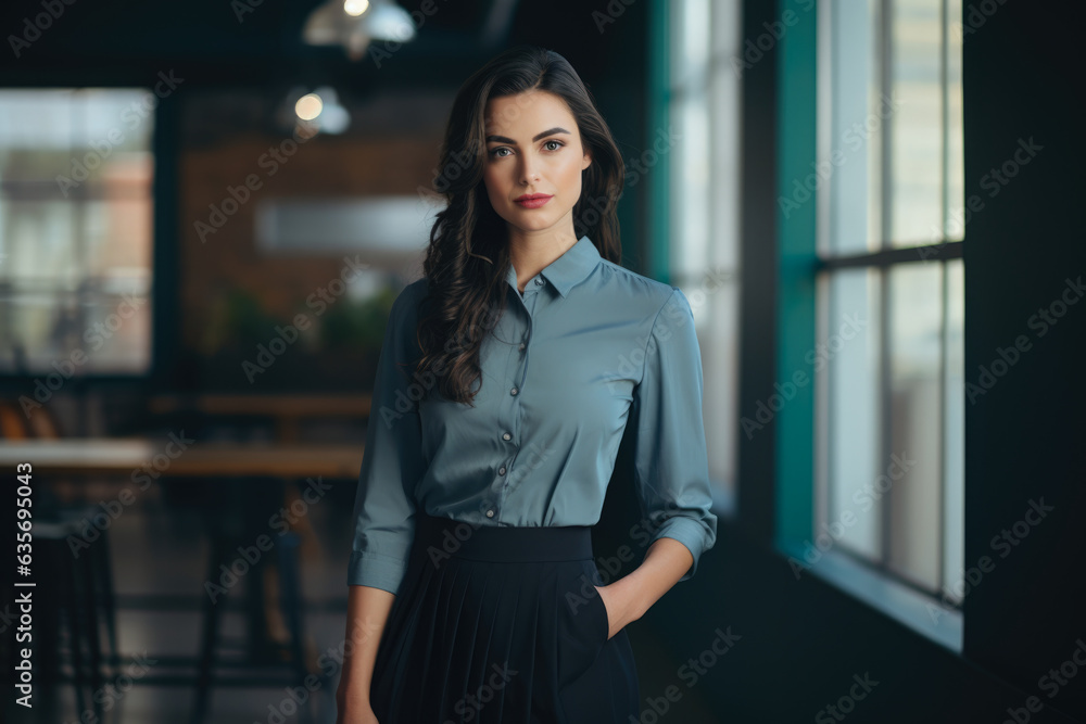 Confident and Stylish Businesswoman with Brown Eyes, Poised in a Modern Workspace, Standing by a Large Window Confident and Stylish Businesswoman with Brown Eyes, Poised in a Modern Workspace, Standing by a Large Window