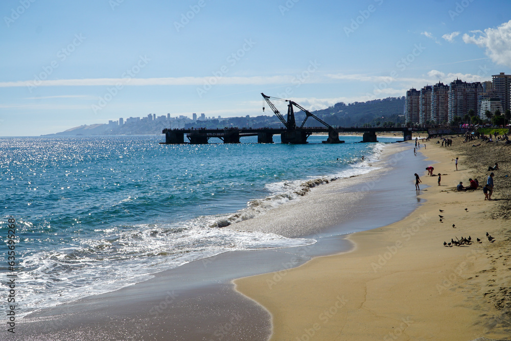 Gorgeous, sunlit beach on a summer day in Viña del Mar, Chile, with a nearly empty shoreline.