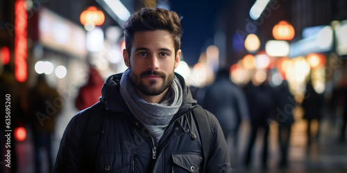 30-year-old man, professional, photograph from the front, on a blurred background of a busy street at night