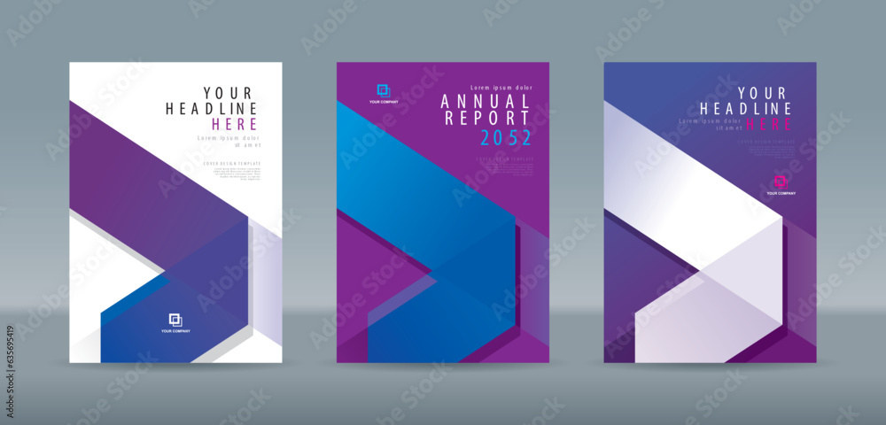 Modern folding ribbon theme book cover template in white, blue, purple color. A4 size book cover template for annual report, magazine, booklet, proposal, portfolio, brochure, poster