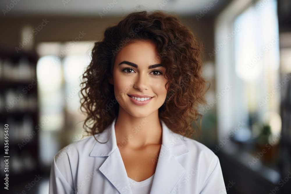 A Radiant Healthcare Professional with Mesmerizing Brown Eyes and Curly Hair, Wearing a White Lab Coat, Smiling Confidently at the Camera in a Pharmacy Setting