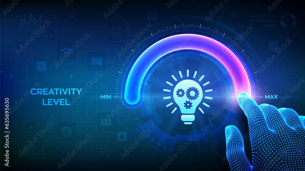 Increasing Creativity. Wireframe hand is pulling up to the maximum position circle progress bar with the creativity icon. Innovative and Solution. Idea and imagination. Creative mode. Vector. Increasing Creativity. Wireframe hand is pulling up to the maximum position circle progress bar with the creativity icon. Innovative and Solution. Idea and imagination. Creative mode. Vector.