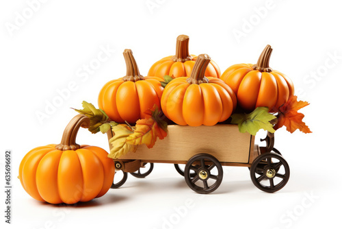 Thanksgiving wagon full of plane pumpkins with leaves falling on a white background