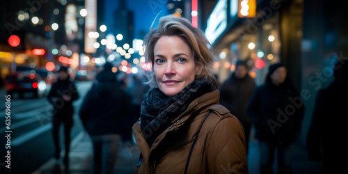 50-year-old woman, professional, photograph from the front, on a blurred background of a busy street at night