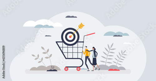 Affiliate marketing to earn commission for promotion tiny person concept. Targeted ads as product advertisement with personal link for earnings vector illustration. Ecommerce shopping in web shop.