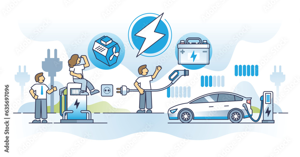 Rise of electric vehicles with green powered electric engine outline concept. Charge EV battery with sustainable power source in recharging station vector illustration. Modern and eco transportation.