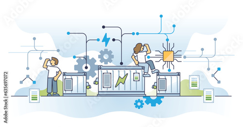 Smart grid and future electricity generation or storage outline concept. Effective power with nature friendly, sustainable and environmental resource usage vector illustration. Green infrastructure.