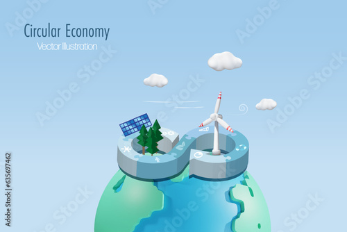 Circular economy symbol in jigsaw with wind turbines, solar panel on world. Sustainable environment strategy of eliminate waste and pollution, renewable and reuse for global business goal.