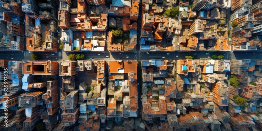 Fototapeta premium illustration of a bird's eye view, the buildings and streets of a city, generative AI