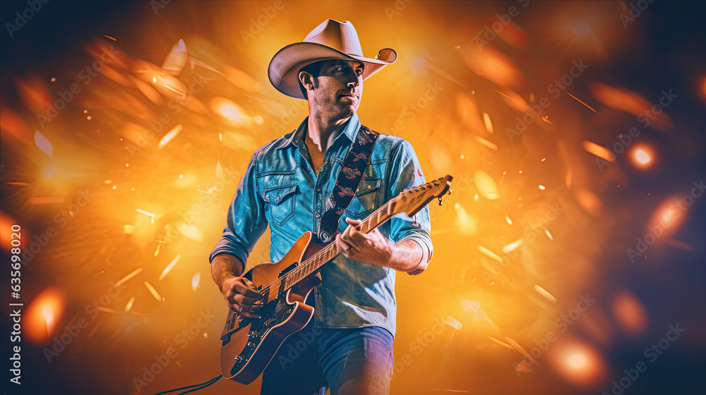 Popular country music performer with a guitar on a big stage under spotlights Popular country music performer with a guitar on a big stage under spotlights