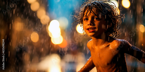 7-year-old child playing on the street wet from the rain, photograph from the front, on a blurred background of a busy street at night