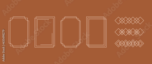 Boho style linear frame collection. Bohemian decorative geometric border and element set for badge, logo, card, poster, banner, post, design template. Terracotta patterns pack. Vector