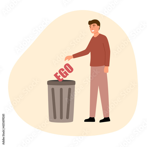 Man throw his ego into the trash. Stop ego concept vector illustration.