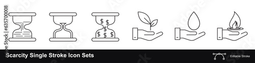 Scarcity air, water, fuel, and money editable stroke icons set
