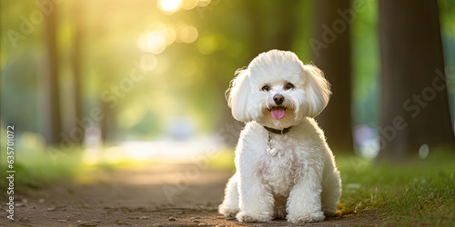 Bichon frise dog sitting on the trail in summer park