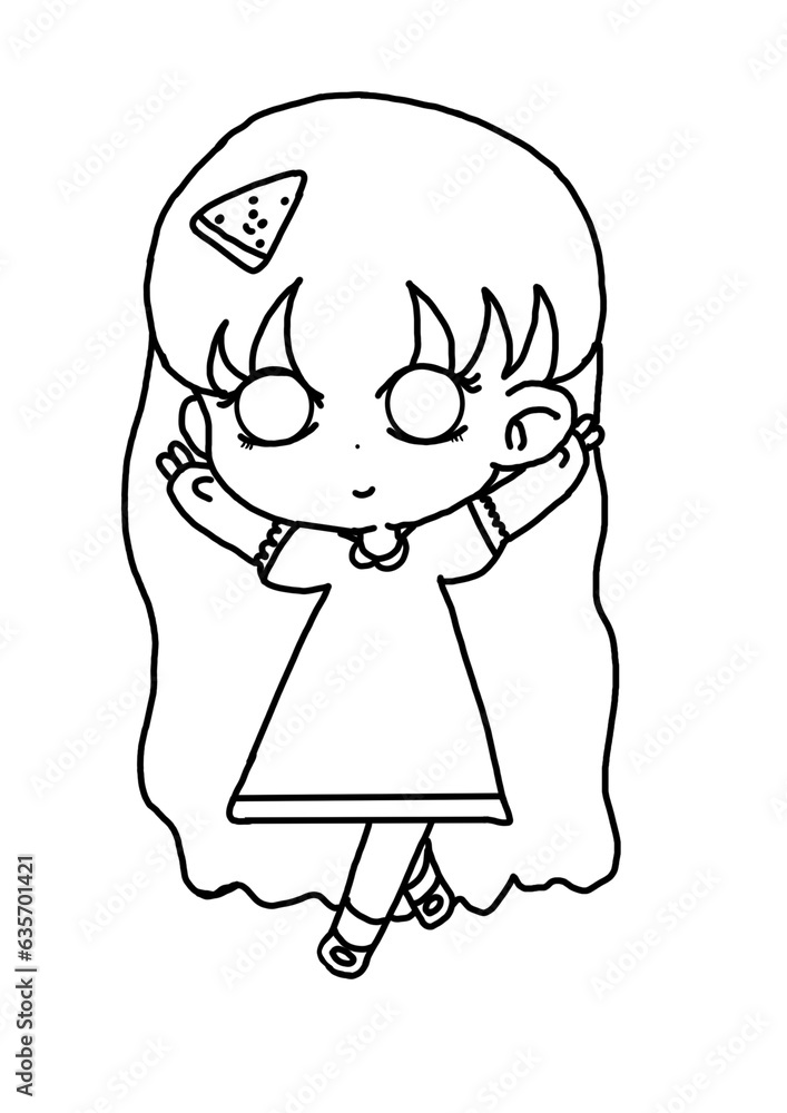 Outline a coloring page featuring a delightful cartoon chibi character. This adorable and petite figure is perfect for a children's coloring book. Outline a coloring page featuring a delightful cartoon chibi character. This adorable and petite figure is perfect for a children's coloring book.