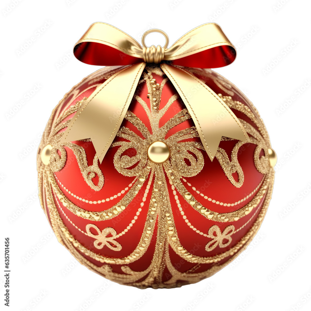Red Christmas ball with a beautiful bow and a golden pattern, transparent background, Generative ai
