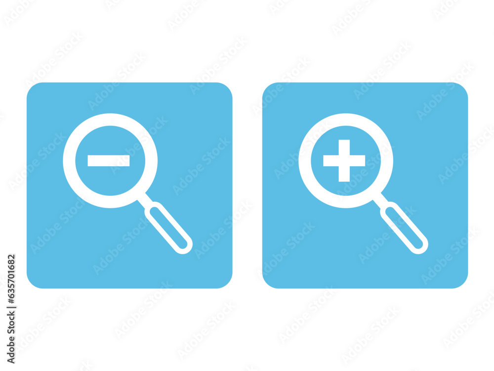 Zoom in and zoom out icon on blue background. Zoom in and zoom out icon on blue background.