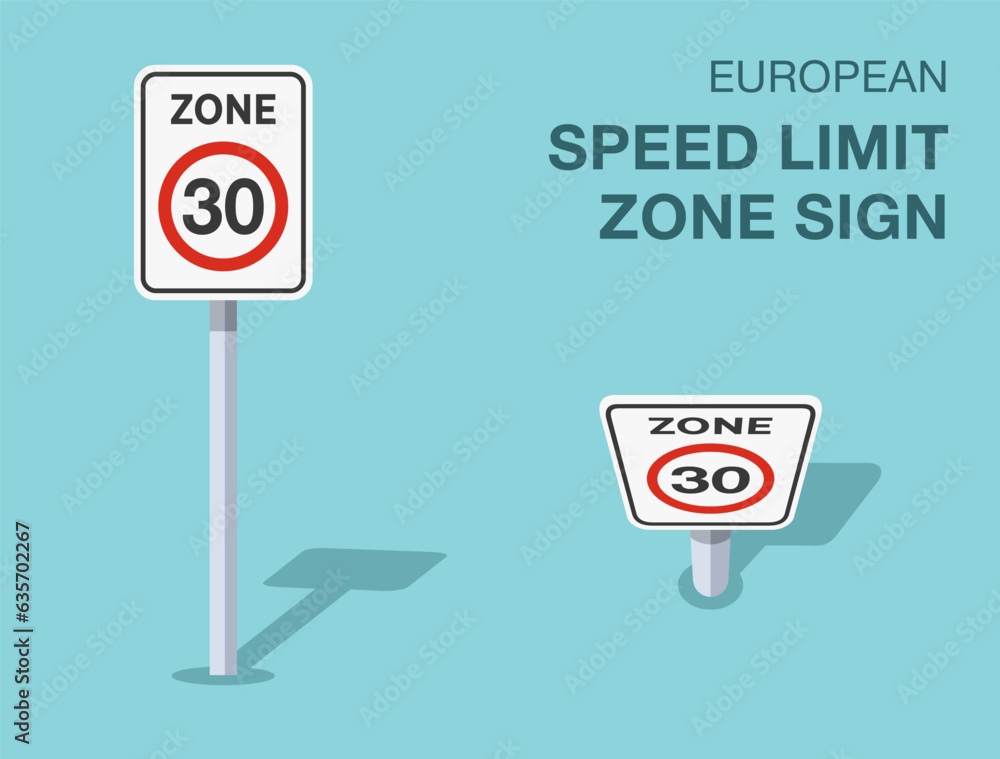 Traffic regulation rules. Isolated european speed limit zone sign. Front and top view. Flat vector illustration template. Traffic regulation rules. Isolated european speed limit zone sign. Front and top view. Flat vector illustration template.
