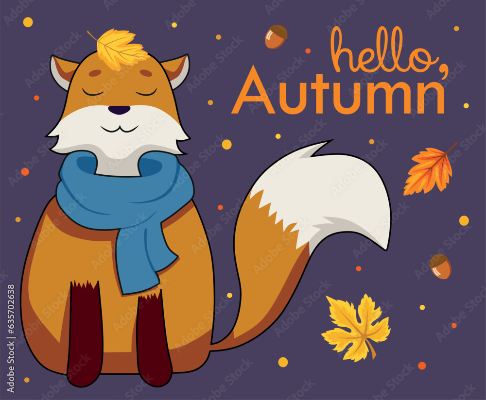 Cute cartoon red fox standing in a scarf with a leaf on a head. Bright autumn illustration on dark blue background. Hello autumn postcard design. Cute cartoon red fox standing in a scarf with a leaf on a head. Bright autumn illustration on dark blue background. Hello autumn postcard design.