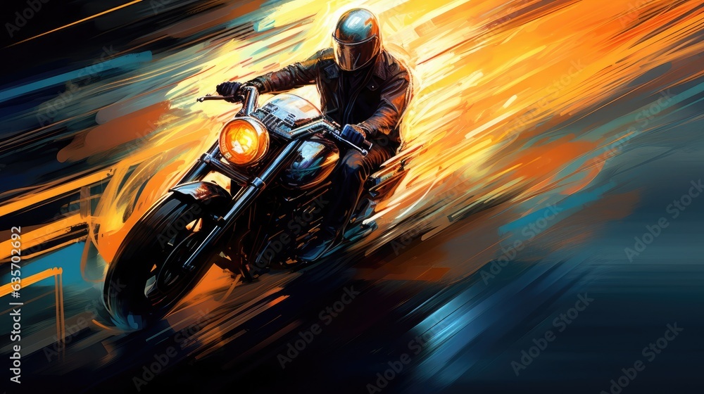 Light blazes past a motorcycle, tracing a vivid path of luminance that accentuates the machine's speed and precision