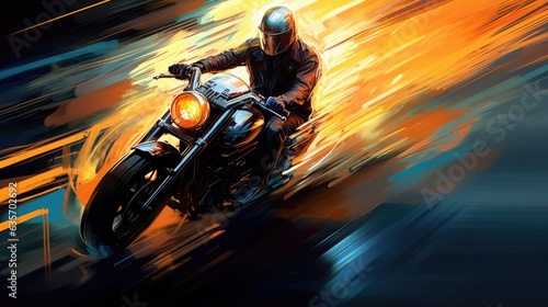 Light blazes past a motorcycle, tracing a vivid path of luminance that accentuates the machine's speed and precision