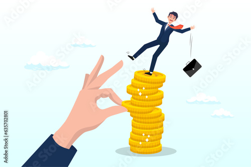 Giant hand pull back money from coin stack causing investor to fall down, investment risk from stock market crash, pull money or liquidity back, market volatility, unstable and uncertainty (Vector)