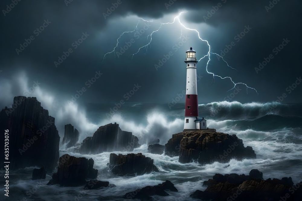 lighthouse on the coast with thundering of clouds with river . High Quality, Ultra HD High Quality illustration
