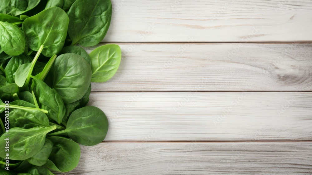 Fototapeta premium Fresh Organic Spinach Vegetable Photorealistic Horizontal Background. Healthy Vegetarian Diet. Ai Generated Backdrop with Copyspace. Juicy Spinach Vegetable.