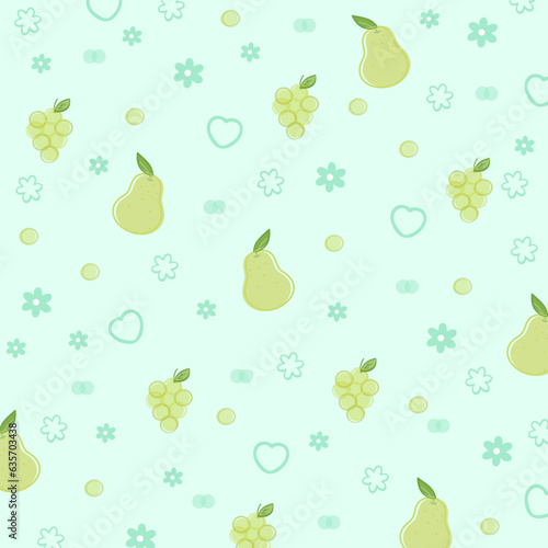 Grape, pear, flower, heart on a mint green background for fruity wallpaper, summer pattern, fabric print, gift wrap, product packaging, picnic blanket, grocery shopping, supermarket, vegan, backdrop
