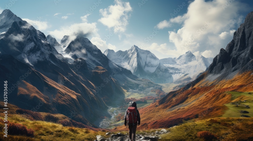 Obraz premium An outdoor extreme summer vacation background with man traveling on a mountain summit enjoying the nature with a big backpack hiking in a lake and enjoying the mountain lifestyle