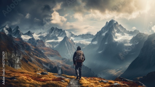 An outdoor extreme summer vacation background with man traveling on a mountain summit enjoying the nature with a big backpack hiking in a lake and enjoying the mountain lifestyle
