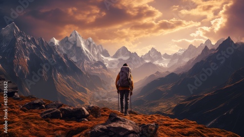 An outdoor extreme summer vacation background with man traveling on a mountain summit enjoying the nature with a big backpack hiking in a lake and enjoying the mountain lifestyle © ND STOCK