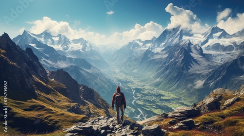 An outdoor extreme summer vacation background with man traveling on a mountain summit enjoying the nature with a big backpack hiking in a lake and enjoying the mountain lifestyle