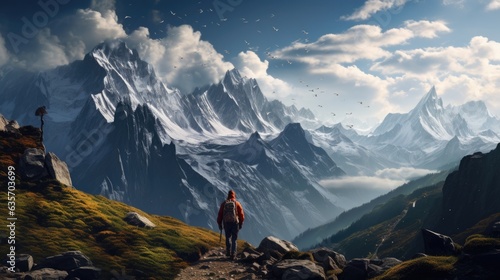 An outdoor extreme summer vacation background with man traveling on a mountain summit enjoying the nature with a big backpack hiking in a lake and enjoying the mountain lifestyle © ND STOCK
