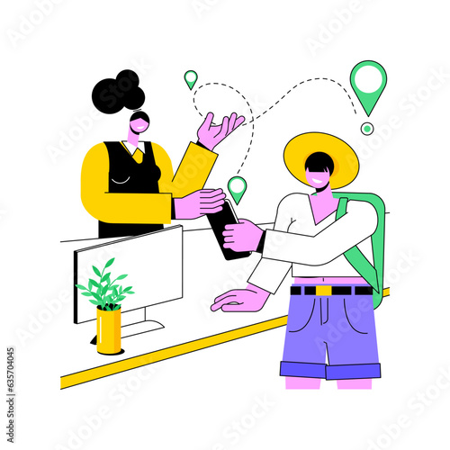 Hostel customer service isolated cartoon vector illustrations. Hostel receptionist giving instructions to customer, explaining the way, hospitality business, traveler check-in vector cartoon.